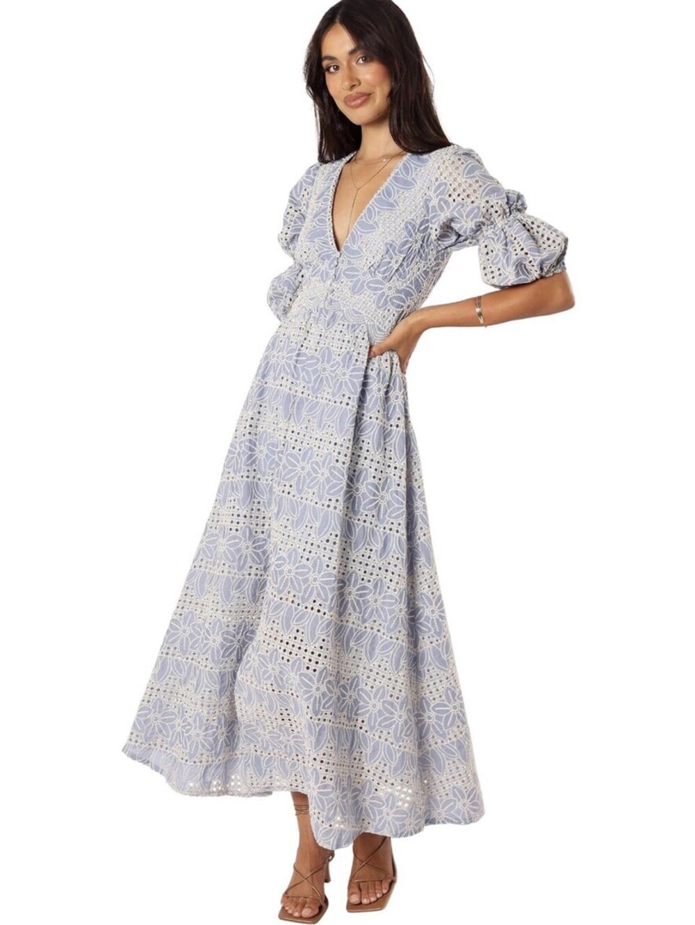 Petal & Pup Tani Floral Midi Dress Crochet Detail 3/4 Sleeve Size 2 Blue NWT